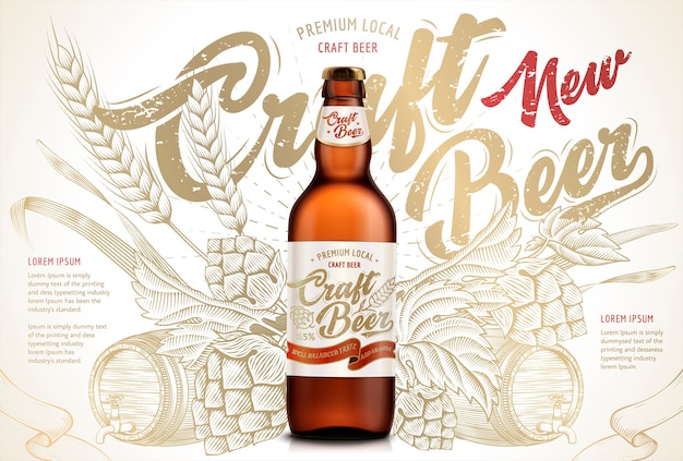 Anuncios de cerveza artesanal, exquisita cerveza embotellada en la ilustración aislada sobre fondos retro con trigos, lúpulos y barriles en estilo de sombreado grabado