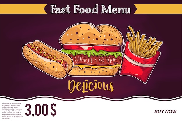 Anuncios de comida rápida en la pizarra: hamburguesas, papas fritas y hotdog.