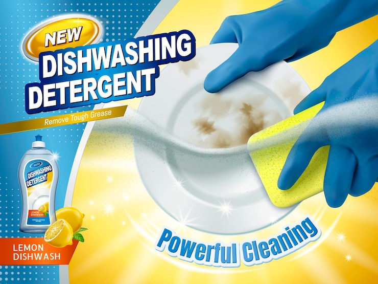 Anuncios de detergente para lavar platos, guantes azules que sostienen una esponja para fregar los platos sucios con líquido para lavar platos bajo el agua, ilustración 3d