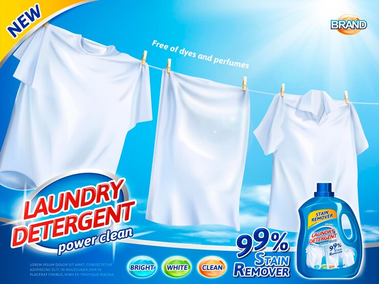 Anuncios de detergente para ropa, ropa blanca brillante colgando para secar con diseño de paquete de producto en ilustración 3d, buen tiempo con sol