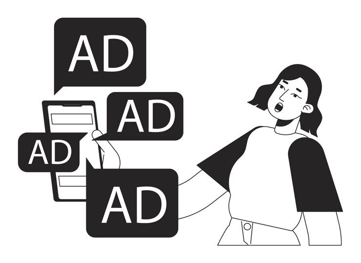 Los anuncios digitales sobrecargan la ilustración del punto vectorial del concepto en blanco y negro
