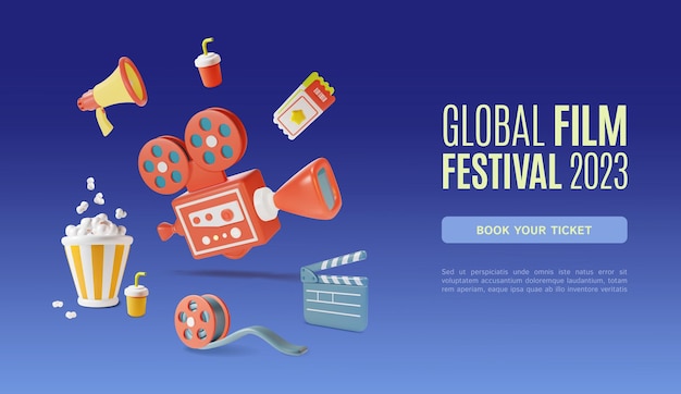 Anuncios del Festival de Cine Global 3d Banner Concepto Cartel de cartel Vector