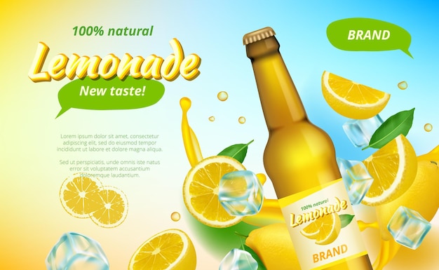 Anuncios de Lemone. Salpicaduras de jugo que fluye amarillo y la mitad de carteles publicitarios de bebidas de frutas saludables.