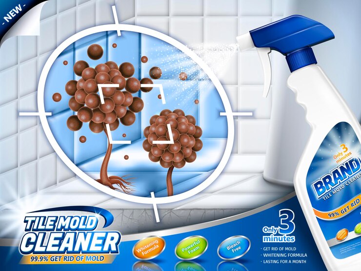 Anuncios de limpiador de moldes para azulejos, botella rociadora con moho y hongos rebeldes en la ilustración 3d, escena del baño