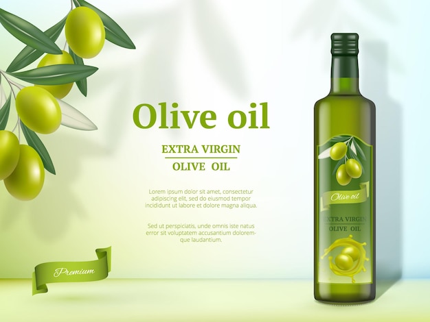 Anuncios de oliva. aceite para cocinar alimentos naturales banner promocional de productos gourmet saludables con botellas de vidrio.