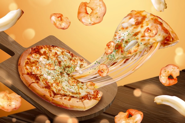Anuncios de pizza de mariscos sabrosos con queso fibroso en ilustración 3d, ingredientes de anillo de camarones y calamares