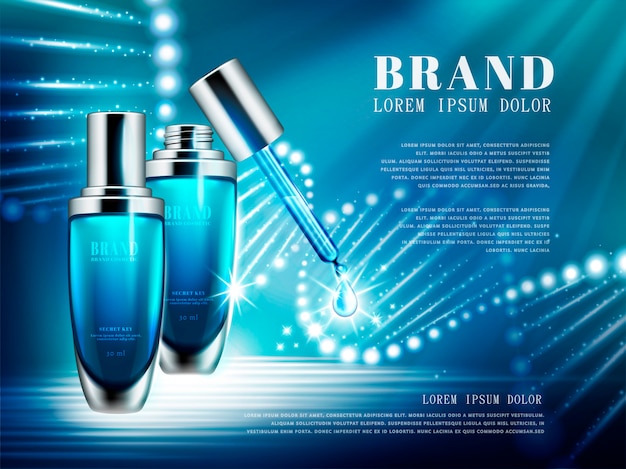 Anuncios de productos cosméticos, botella de gotitas azul con estructura de doble hélice compuesta de luz en la ilustración