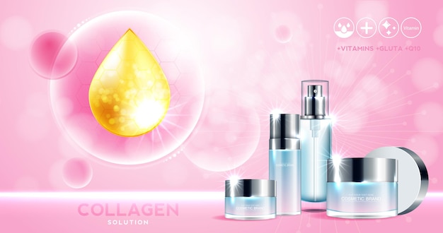 Anuncios de productos cosméticos o para el cuidado de la piel con botella y vector de efecto de luz brillante de fondo azul
