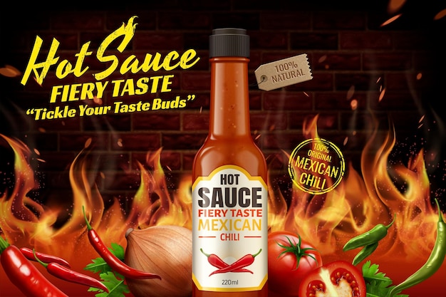 Vector anuncios de salsa picante de chile mexicano con fondo de fuego en la ilustración 3d