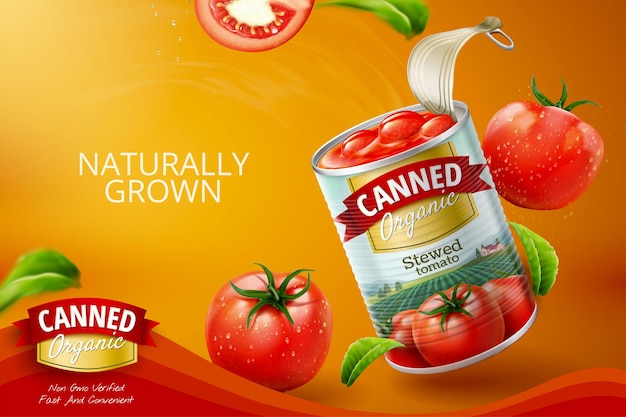 Anuncios de tomate enlatado con verduras frescas en la ilustración 3d