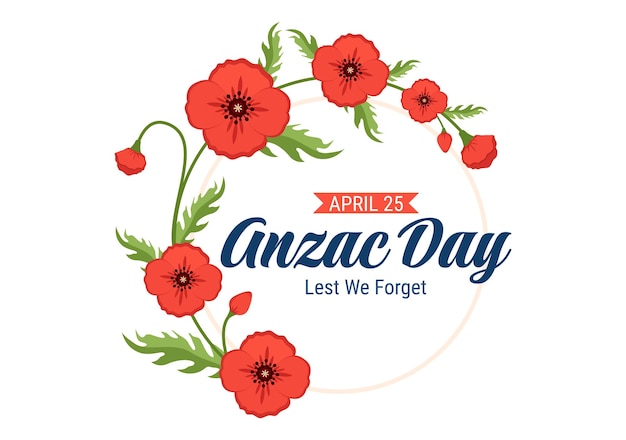 Vector anzac day of lest wet forget ilustración con soldado rindiendo respeto y flor de amapola roja