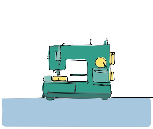 Vector un aparato de máquina de coser clásico de dibujo de una sola línea para equipos de sastre textil eléctrico