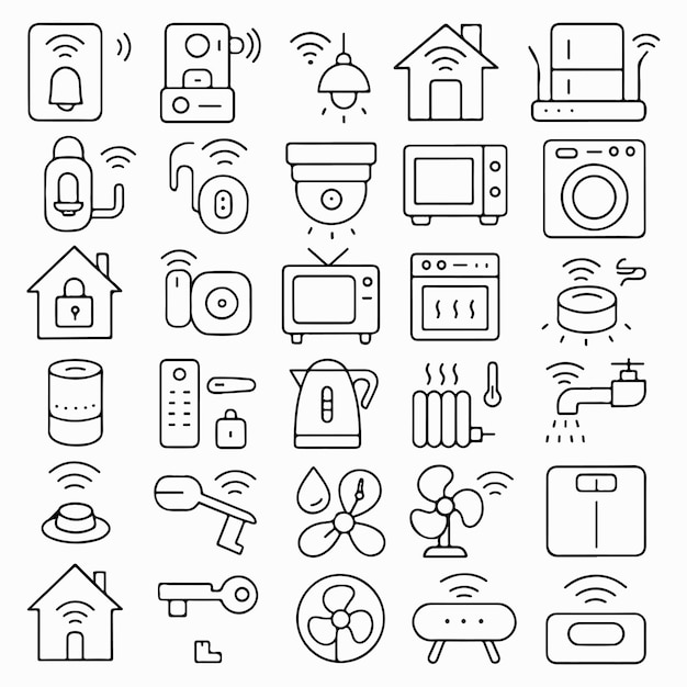 Aparatos domésticos inteligentes 30 Iconos de esquema de IoT y dispositivos de automatización del hogar Estilo de esquema mínimo