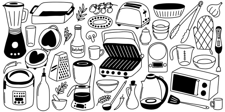Aparatos y utensilios de cocina conjunto de dibujos vectoriales elementos de cocina y platos dibujados a mano