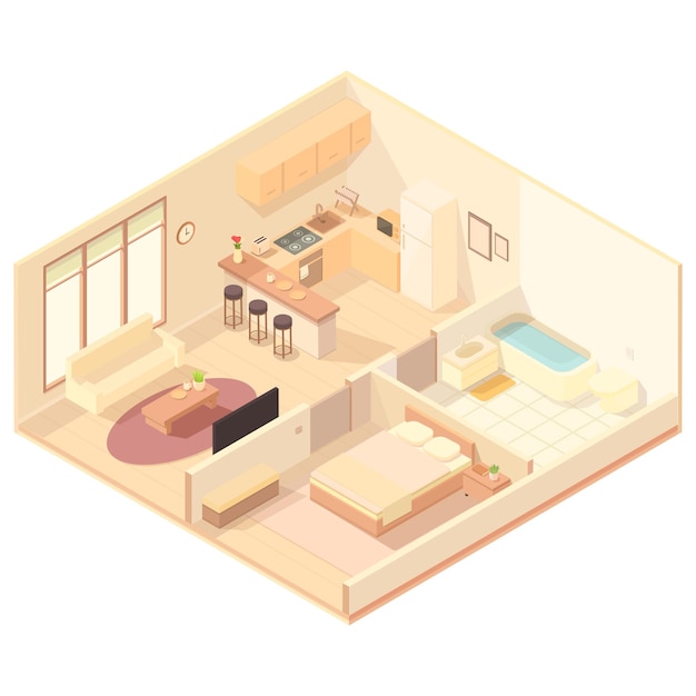 Apartamento isométrico con baño y dormitorio con muebles, ilustración vectorial