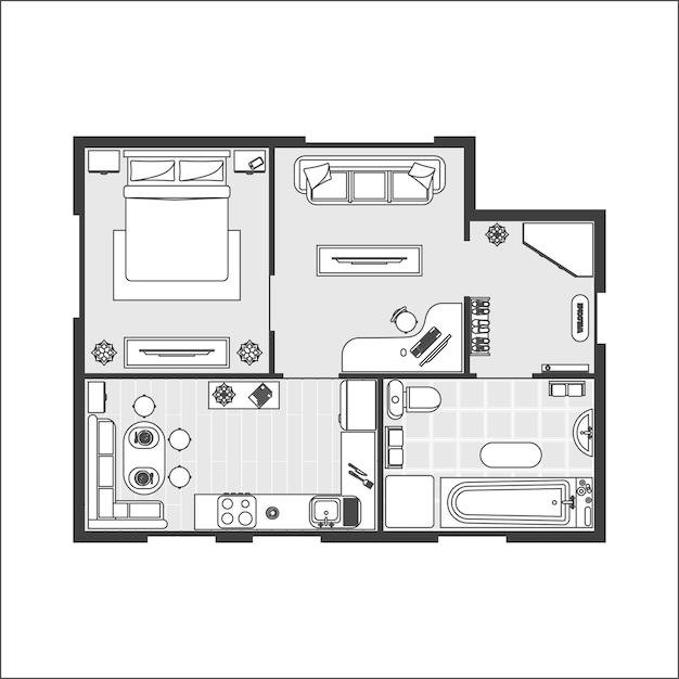 Apartamento plan bruja muebles esquema de línea delgada de piso diseño de interiores vista superior.