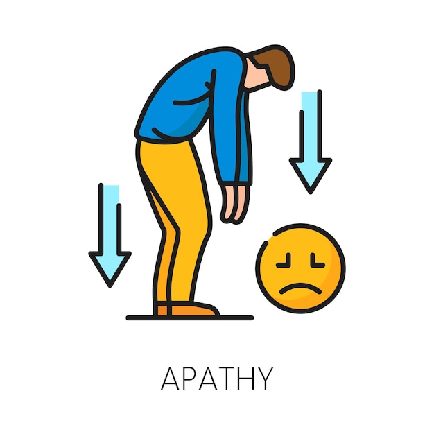 Apatía trastorno psicológico problema icono de salud mental representa falta de interés El signo lineal vectorial con una persona agotada simboliza el desapego emocional y la indiferencia hacia diversos asuntos