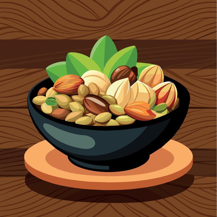 Vector aperitivo asado deliciosos pistachos salados cacahuetes cacahuetes y almendras comida en cuenco negro en