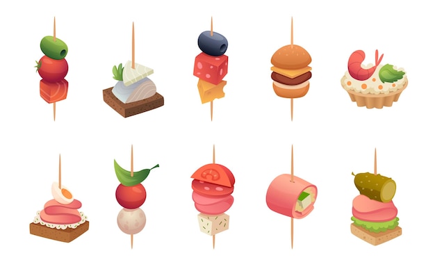 Aperitivo de fiesta Varios aperitivos canapé y sándwich para mesa buffet gourmet con tostadas y verduras ilustraciones de dibujos animados vectoriales exactas aisladas