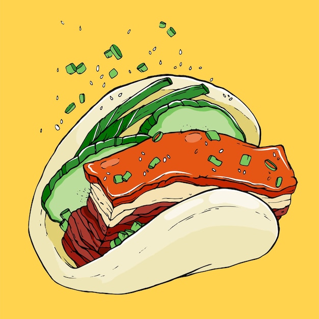 Vector aperitivo taiwanés gua bao. un trozo de carne guisada con pepino y cebolla verde en bollos al vapor.