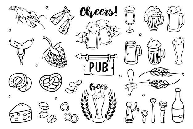 Aperitivos de cerveza y vaso de cerveza Set Esquema Doodles con letras Vector Premium
