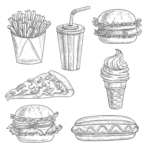 Aperitivos de dibujo a lápiz de comida rápida