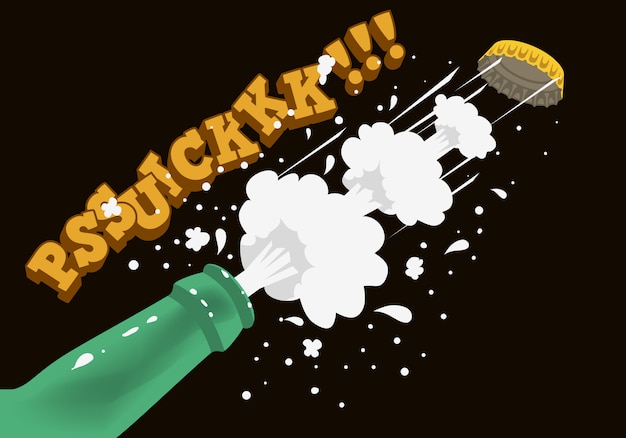 Apertura De La Botella De Cerveza Con Quitar La Tapa Y Hacer Splash. Ilustración cómica de estilo dinámico.