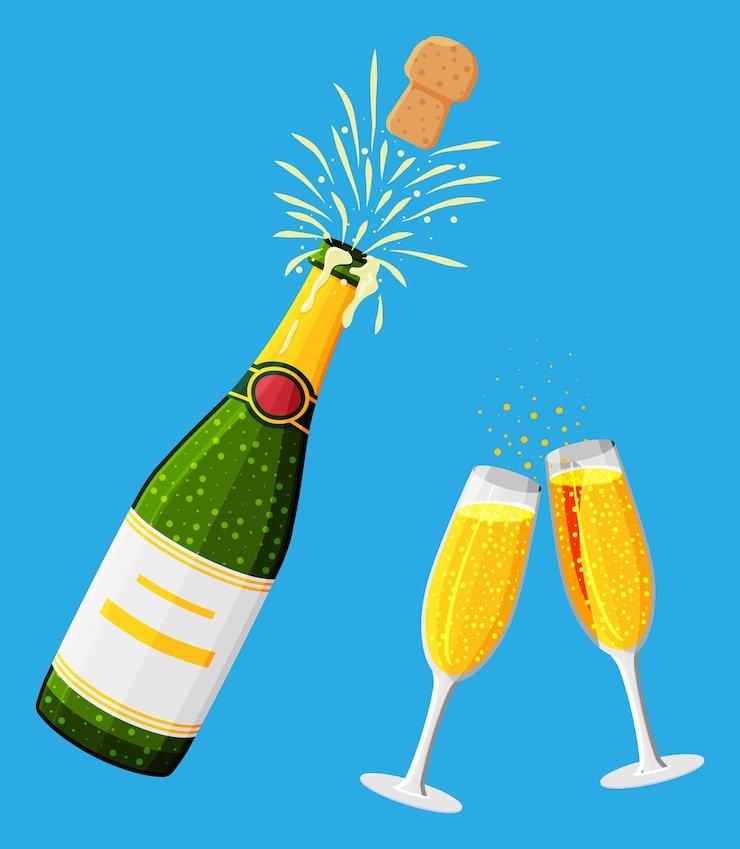 Vector apertura de botella de champán con pop y corcho volando. explosión de champán, estallido de botella y efervescencia. concepto de fiesta de beber, cumpleaños, bodas, navidad, celebración de año nuevo. ilustración vectorial plana