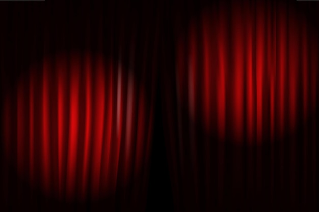 Apertura de cortinas de escenario con proyectores brillantes. Ilustración vectorial. Plantilla de standup show