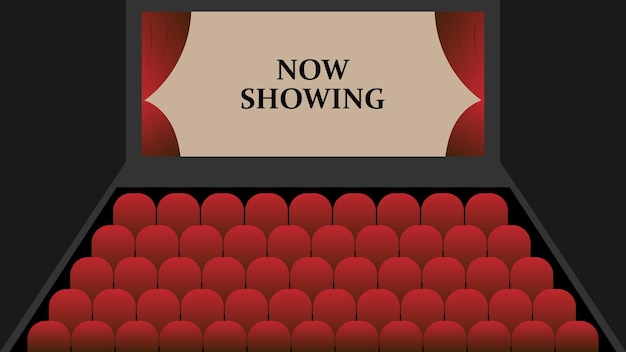 Apertura de la pantalla del cine con la ilustración vectorial de texto de now showing