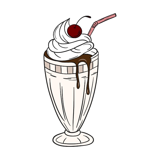 Apetecible y delicioso dulce batido de leche coctel postre con crema batida y chocolate