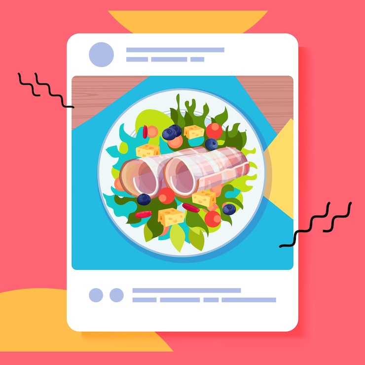 Vector apetitosa foto de ensalada fresca en la pantalla del teléfono inteligente blogs de alimentos publicaciones de blog de redes sociales revisión de cazadores de alimentos