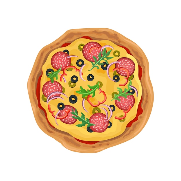 Apetitosa pizza redonda con salami Comida rápida Elemento de vector plano colorido para cartel de cafetería o pizzería