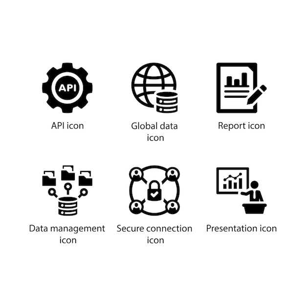 API Global data Report Data management Secure connection Presentation icon