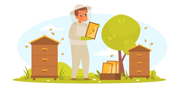 Apicultor apicultor Granjero hombre en ropa protectora recoge miel en colmenas colmenares con abejas dulces saludables equipo especial Orgánico bio alimentos vector plano dibujos animados aislado concepto
