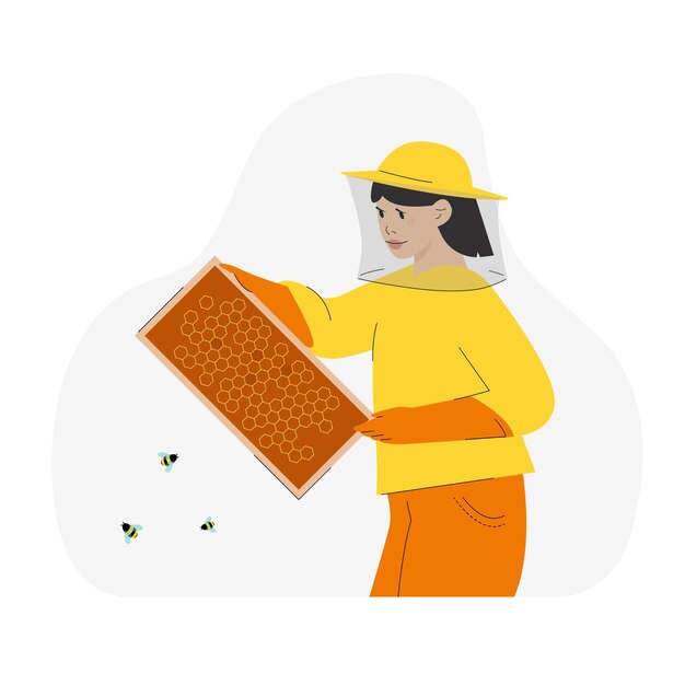 Vector apicultor femenino sosteniendo células de miel cuidando abejas concepto de apiario