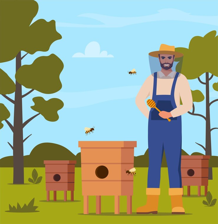 Vector apicultor hombre en el apiario trabajo con colmenas y abejas melíferas apiarista en la granja con