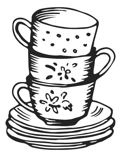Se apilan tazas y salchichas. Pila de juego de té para servir