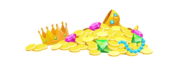 Apilar tesoros. Riquezas de diamantes reales del tronco, dinero de símbolo, vector de dibujos animados aislado sobre fondo blanco
