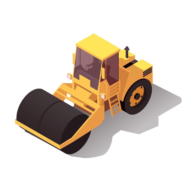 Apisonadora amarilla para pavimentación de asfalto Camión de rodillos de trabajo en carretera Máquina asfaltadora Diseño isométrico 3d Mejora del pavimento en carretera Ilustración vectorial