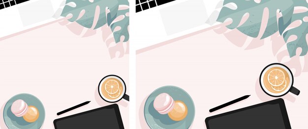 aplanada con laptop, macarons, taza de té y hojas de monstera