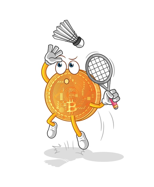 Aplastamiento de bitcoin en dibujos animados de bádminton. vector de mascota de dibujos animados