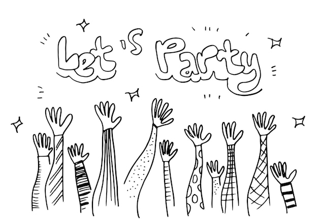 Aplauso dibujo a mano en fondo blanco con la ilustración vectorial de texto de la fiesta