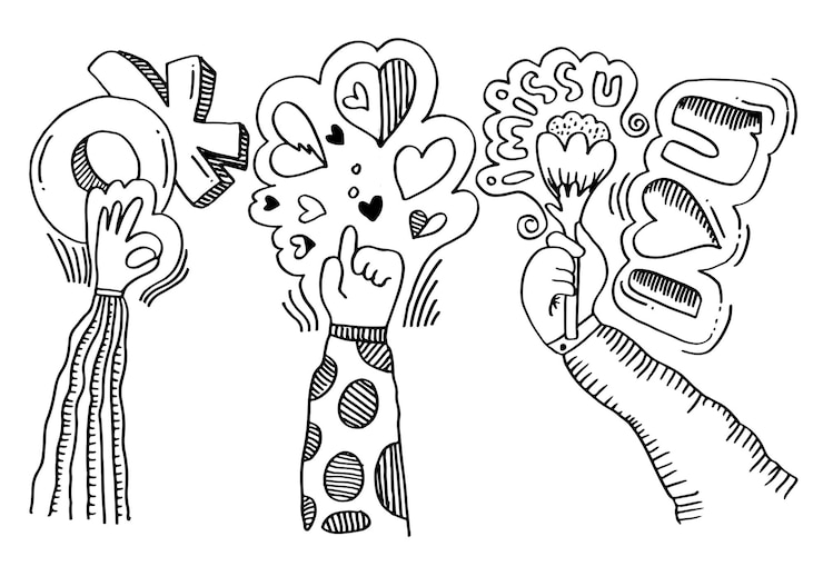 Vector aplauso dibujo a mano en fondo blanco con símbolo de corazón flor y ilustración de vector de texto ok