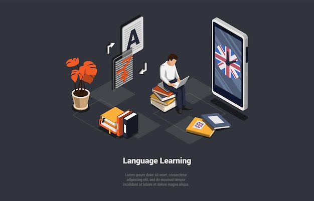 Aplicación de aprendizaje de idiomas El estudiante aprende un idioma extranjero en la escuela en línea Preparación para exámenes Uso del personaje Servicio remoto para el aprendizaje de idiomas Observación en la pantalla del portátil Ilustración vectorial 3d isométrica