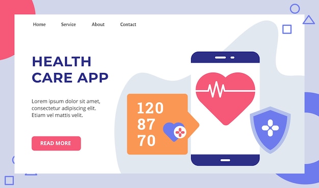 Aplicación de atención médica latido del corazón en la campaña de protección de pantalla del teléfono inteligente para la página de inicio de la página de inicio del sitio web