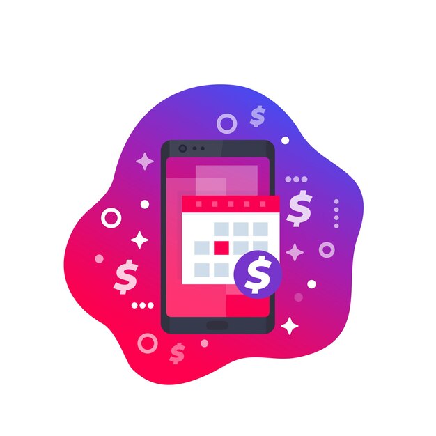 Aplicación de calendario financiero en smartphone, icono de vector