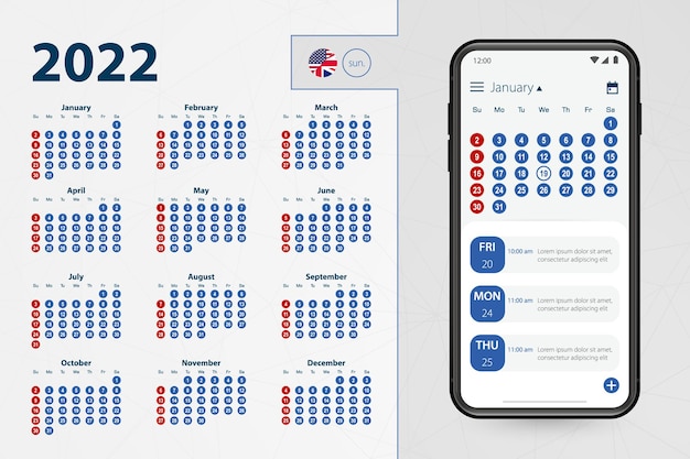 Aplicación de calendario para smartphone. vector calendario 2022 semana comienza en domingo, idioma inglés.