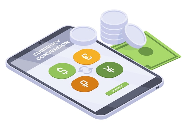 Aplicación de cambio de moneda isométrica Servicio de transacciones de dinero en línea Conversión de moneda Ilustración de vector 3d sobre fondo blanco