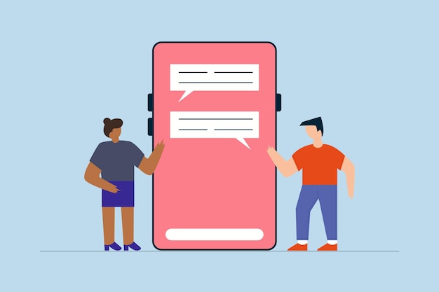 La aplicación chat mobile para empresarios y empresarias se comunica con la aplicación móvil en una mano grande que sostiene un teléfono inteligente